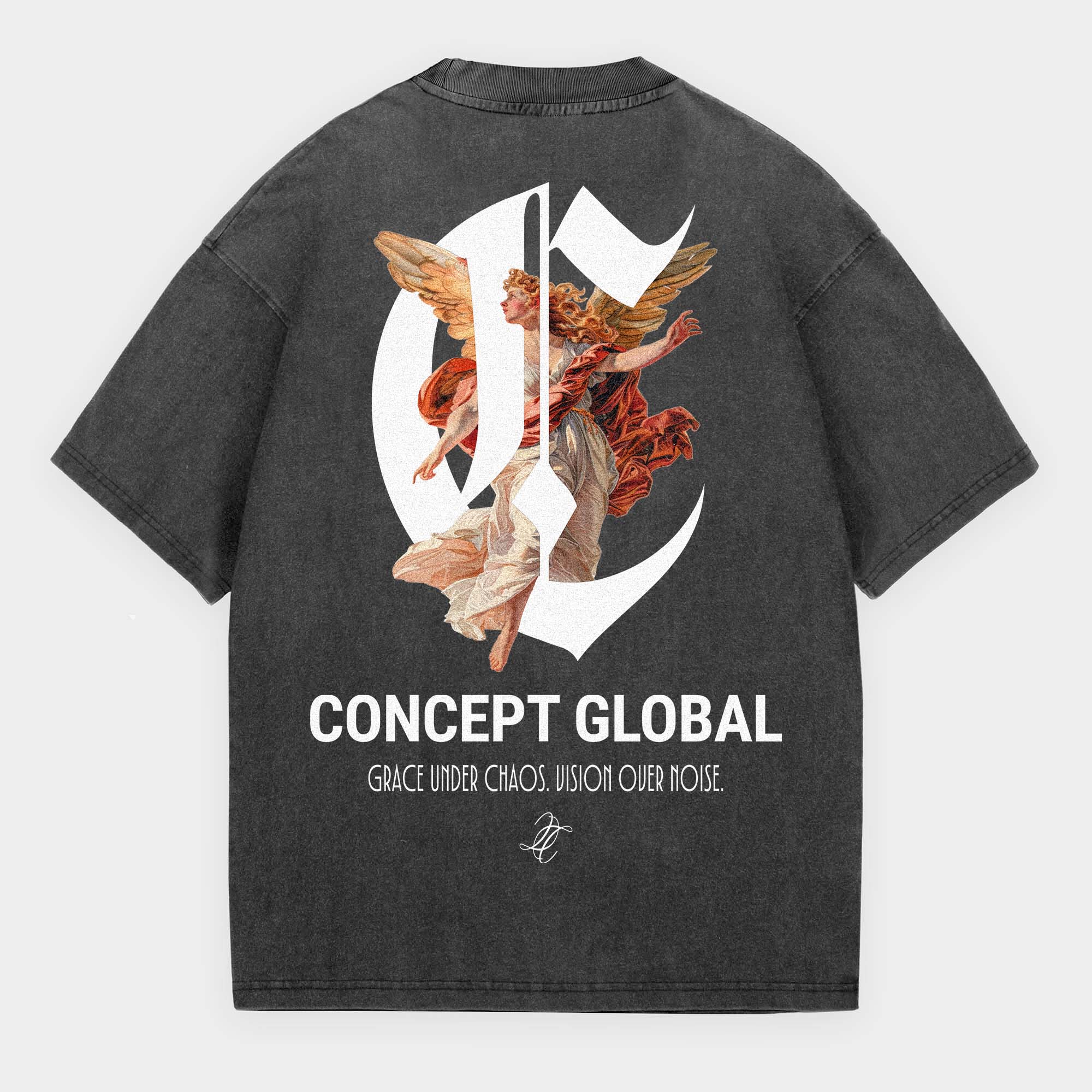 Black t-shirt with artistic design and 'Concept Global Grace under chaos. Vision over noise' text on a white background