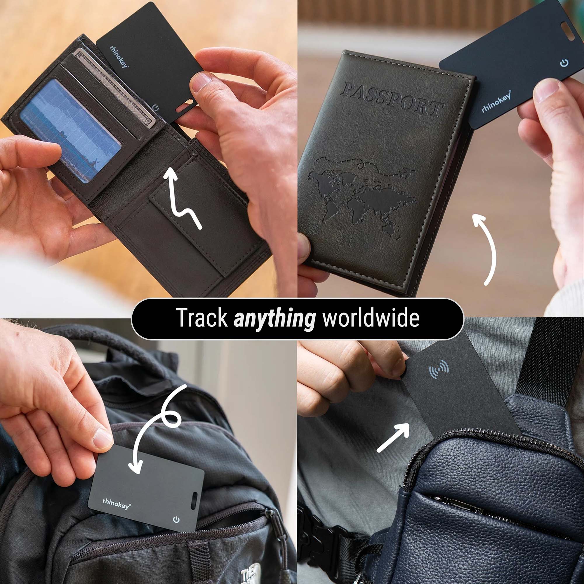 Collage of a black travel wallet and tracker being used on a passport, backpack, and suitcase.